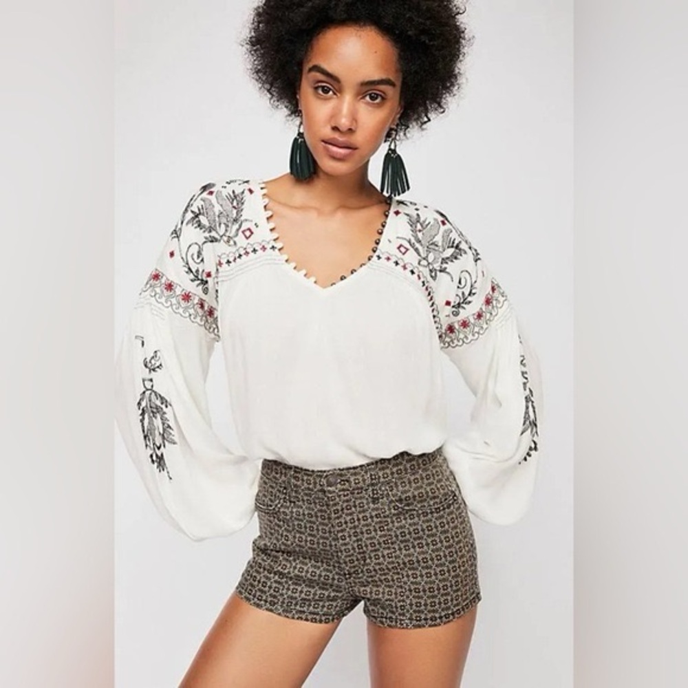 <3 Free People Womens Embroidered V Neck Pullover Blouse